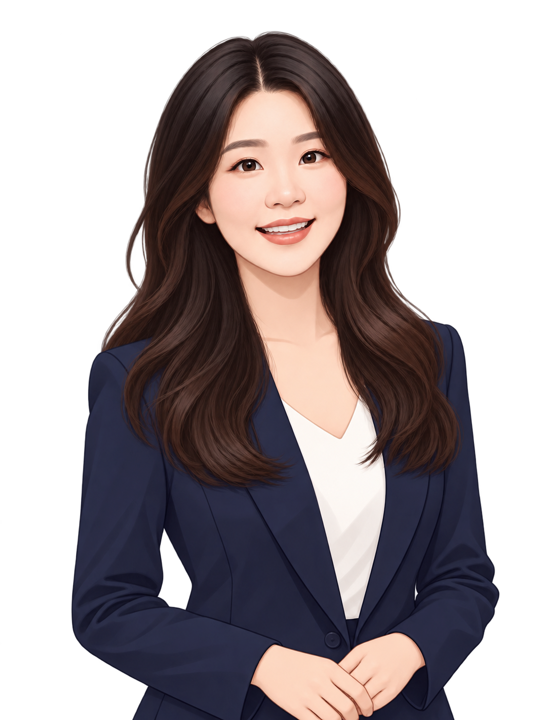 A natural half-body illustrated portrait of Roma Fu in a navy blazer