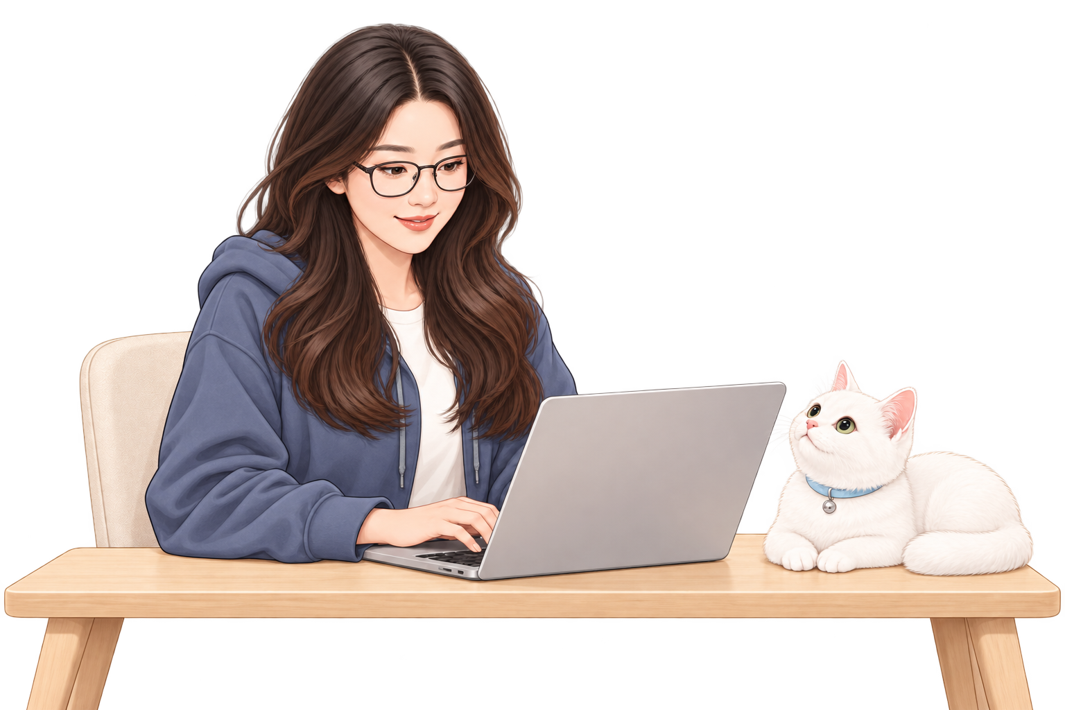Roma wearing glasses and a relaxed blue hoodie, coding beside her white cat
